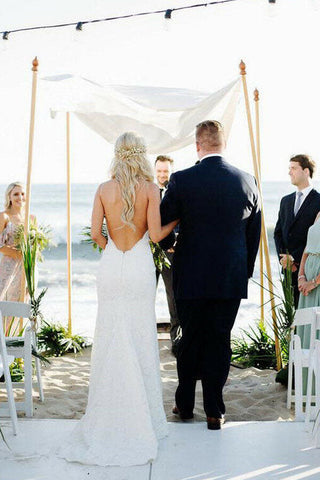 Lace Mermaid Spaghetti Straps V-neck Backless Beach Wedding Dresses