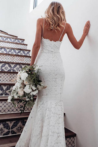 Lace Mermaid V-neck Spaghetti Straps Wedding Dress With Sweep Train