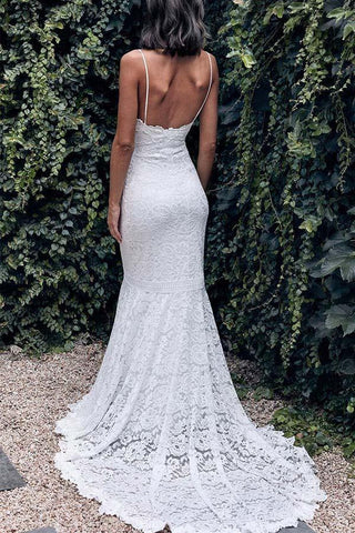 Lace Mermaid V-neck Spaghetti Straps Wedding Dress With Sweep Train