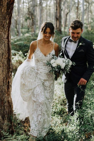 Spitzenscheide Rückenfreies Spaghettiträger Strandhochzeitskleid, Hochzeitskleid