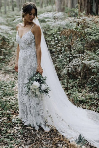 Spitzenscheide Rückenfreies Spaghettiträger Strandhochzeitskleid, Hochzeitskleid