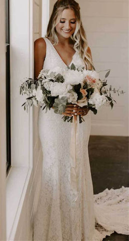 Lace Sheath V-neck Backless Wedding Dresses With Train, Bridal Gowns