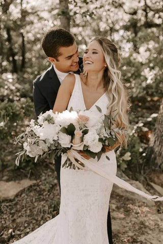 Lace Sheath V-neck Backless Wedding Dresses With Train, Bridal Gowns