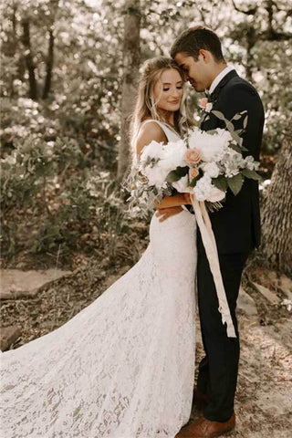 Lace Sheath V-neck Backless Wedding Dresses With Train, Bridal Gowns
