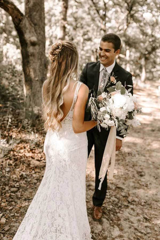 Lace Sheath V-neck Backless Wedding Dresses With Train, Bridal Gowns