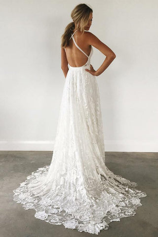 Lace Spaghetti Straps Criss-Cross Straps Wedding Dress With Sweep Train
