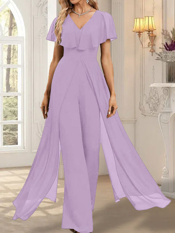 Jumpsuit/Hosenanzug V-Ausschnitt Bodenlanges Chiffon Abendkleid