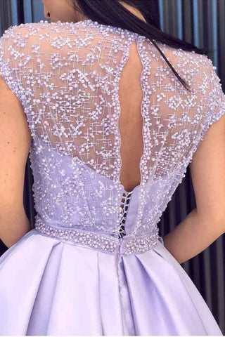 Lavendelfarbenes, langes Ballkleid aus Satin mit Perlen in A-Linie und Schlitz