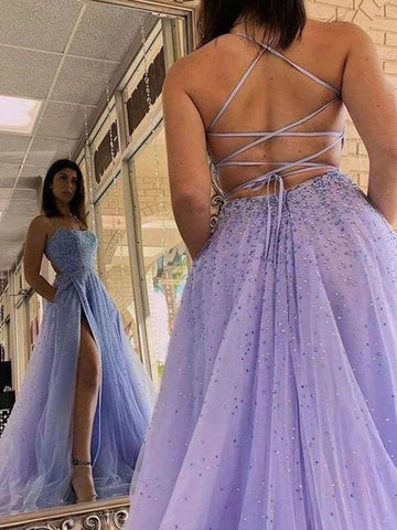 Lavender Tulle A-line Beaded Long Prom Dresses With Slit, Party Dress