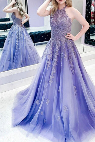 Tulle A-line Halter Lace Appliqued Prom Dresses, Evening Dress