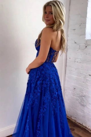 Lavender Tulle A-line Sweetheart Strapless Lace Appliques Prom Dresses