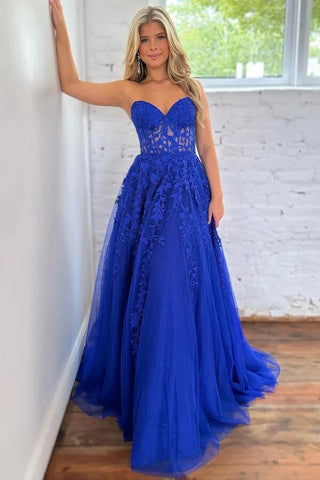 Lavender Tulle A-line Sweetheart Strapless Lace Appliques Prom Dresses