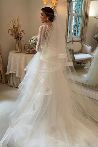 Layered Tulle Ball Gown Lace V-neck Long Sleeves Wedding Dresses