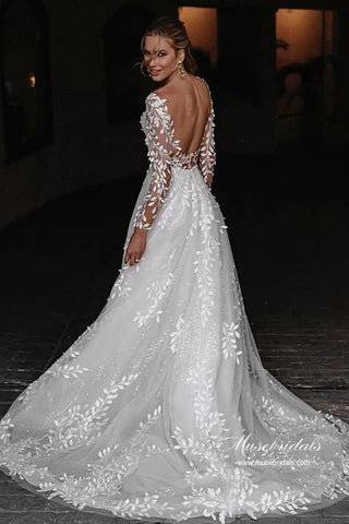 Leaves Lace Tulle Long Sleeves Boho Wedding Dresses, Bridal Gown
