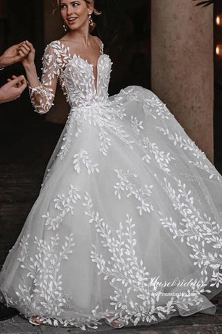 Leaves Lace Tulle Long Sleeves Boho Wedding Dresses, Bridal Gown