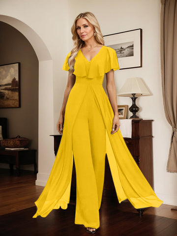 Jumpsuit/Hosenanzug V-Ausschnitt Bodenlanges Chiffon Abendkleid