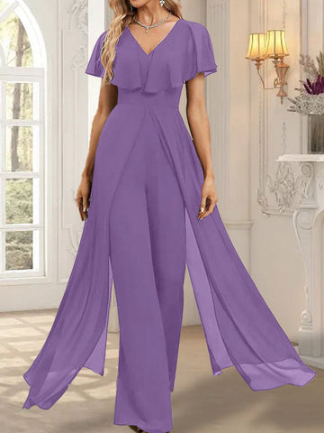 Jumpsuit/Hosenanzug V-Ausschnitt Bodenlanges Chiffon Abendkleid