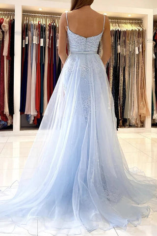 Light Blue Lace Mermaid Spaghetti Straps Prom Dresses, Evening Gown