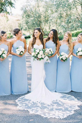 Hellblaues Neckholder-Brautjungfernkleid aus Satin, Hochzeitspartykleid 