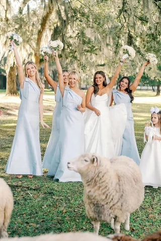 Light Blue Satin Sheath One Shoulder Floor Length Bridesmaid Dresses