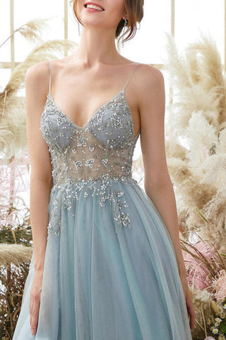 Light Blue Tulle A-line V-neck Spaghetti Straps Beaded Long Prom Dresses