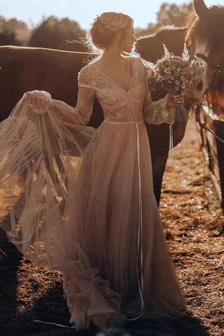 Light Brown Tulle A-line Long Sleeves Boho Rustic Wedding Dresses