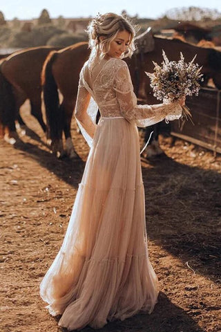 Light Brown Tulle A-line Long Sleeves Boho Rustic Wedding Dresses