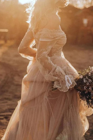Light Brown Tulle A-line Long Sleeves Boho Rustic Wedding Dresses
