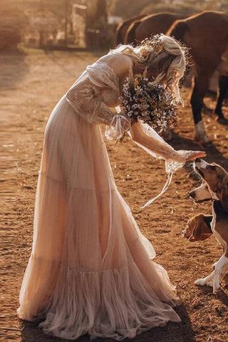 Light Brown Tulle A-line Long Sleeves Boho Rustic Wedding Dresses