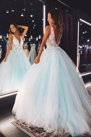 Light Green Tulle A-line V-neck Lace Appliques Prom Dresses, Evening Dress