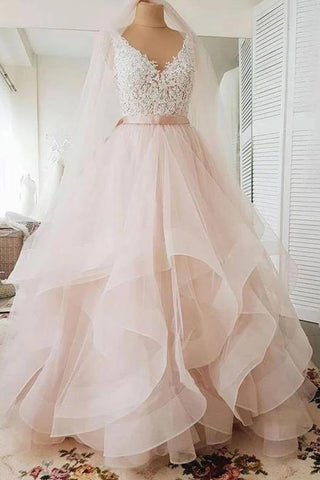 Light Pink Tulle Ball Gown V-neck Lace Wedding Dresses, Bridal Gowns