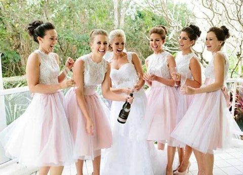 Light Pink Tulle Lace A-line Short Bridesmaid Dresses, Wedding Party Dress
