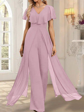 Jumpsuit/Hosenanzug V-Ausschnitt Bodenlanges Chiffon Abendkleid