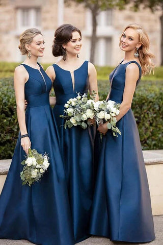 Satin A-line V-neck Bridesmaid Dresses, Wedding Party Dresses