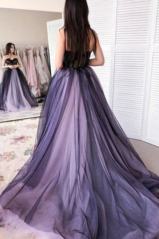 Lilac Black Tulle A-line Sweetheart Prom Dresses With Lace Appliques