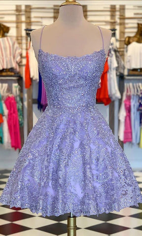 Lace Beaded A-line Spaghetti Straps Short Homecoming Dresses