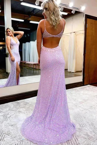 Funkelndes Meerjungfrau-Abendkleid mit V-Ausschnitt und Schlitz, langes Abendkleid