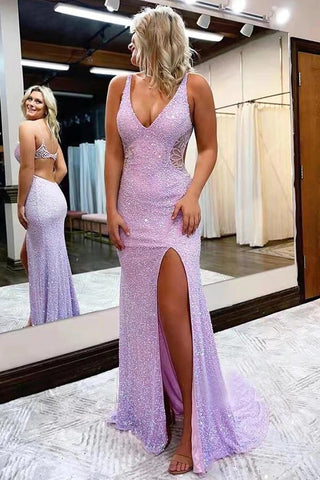 Funkelndes Meerjungfrau-Abendkleid mit V-Ausschnitt und Schlitz, langes Abendkleid