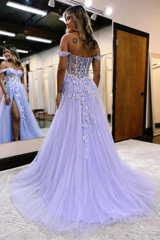 Tulle A-line Off Shoulder Long Prom Dresses With Lace Appliques,