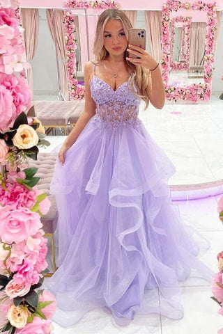 Robe de soirée longue en tulle, ligne A, col en V, avec appliques en dentelle