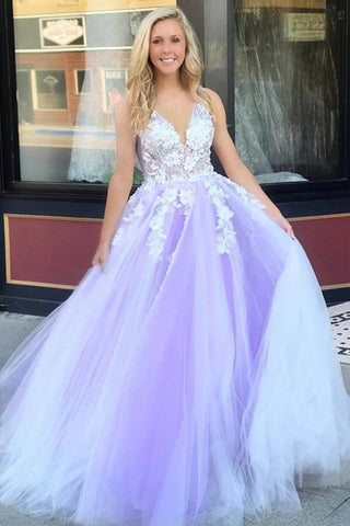 Tulle Lace A-line V-neck Open Back Prom Dresses, Long Formal Dress