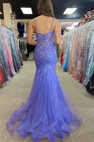 Tulle Mermaid Spaghetti Straps Long Prom Dresses With Appliques