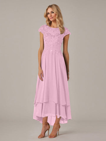A-line Boat Neck Illusion Asymmetrical Chiffon Lace Mother of the Bride Dress With Applique Pleats
