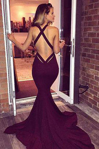 Burgundy Mermaid V-Neck Sleeveless Long Prom Dresses With Criss Cross