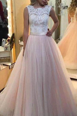 Cheap Pink Tulle A Line White Lace Lace Back Up Long Prom Dresses online