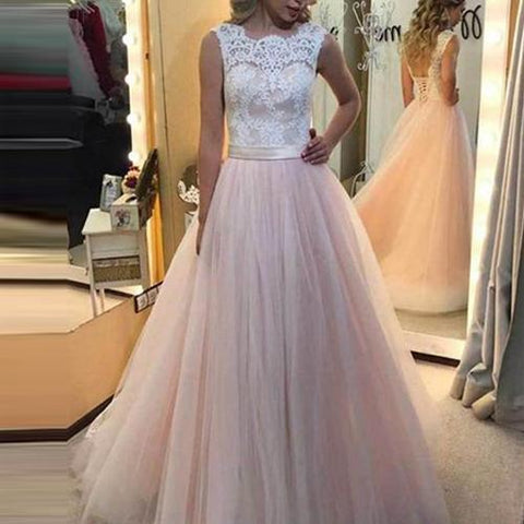 Cheap Pink Tulle A Line White Lace Lace Back Up Long Prom Dresses online