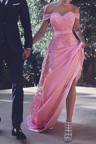 Satin Off Shoulder Cap Sleeves Long Prom Dresses With Appliques,