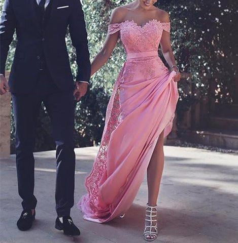 Satin Off Shoulder Cap Sleeves Long Prom Dresses With Appliques,