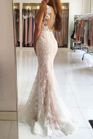 Gorgeous Mermaid V-neck Lace Long Prom Dresses with Sweep Train