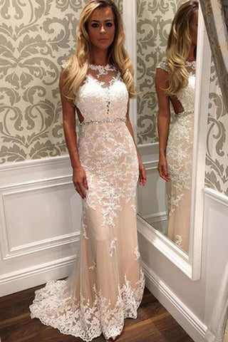 New Arrival Sheath Tulle Column Lace Backless Long Prom Dresses With Appliques